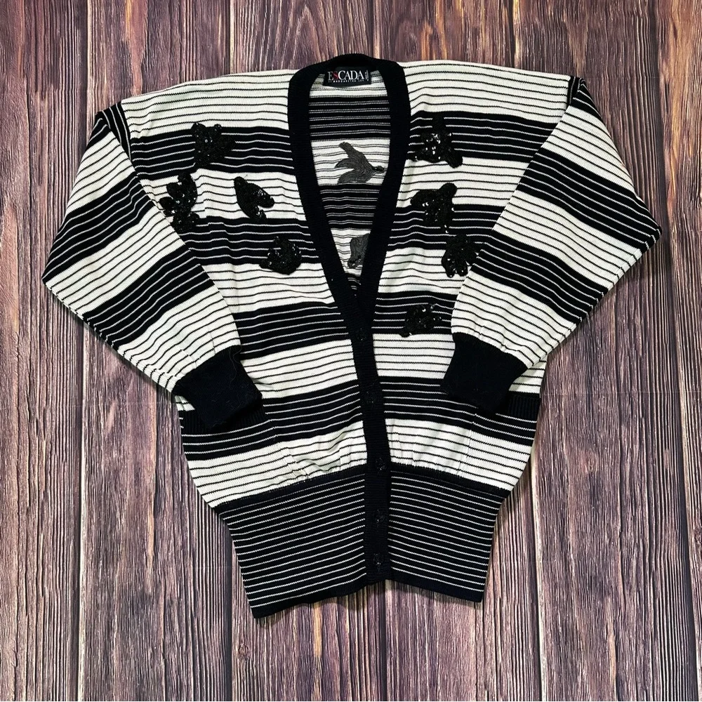 Vintage Escada Margaretha Ley Cardigan 38 US 8 Black Off‎ White Striped Sequin
